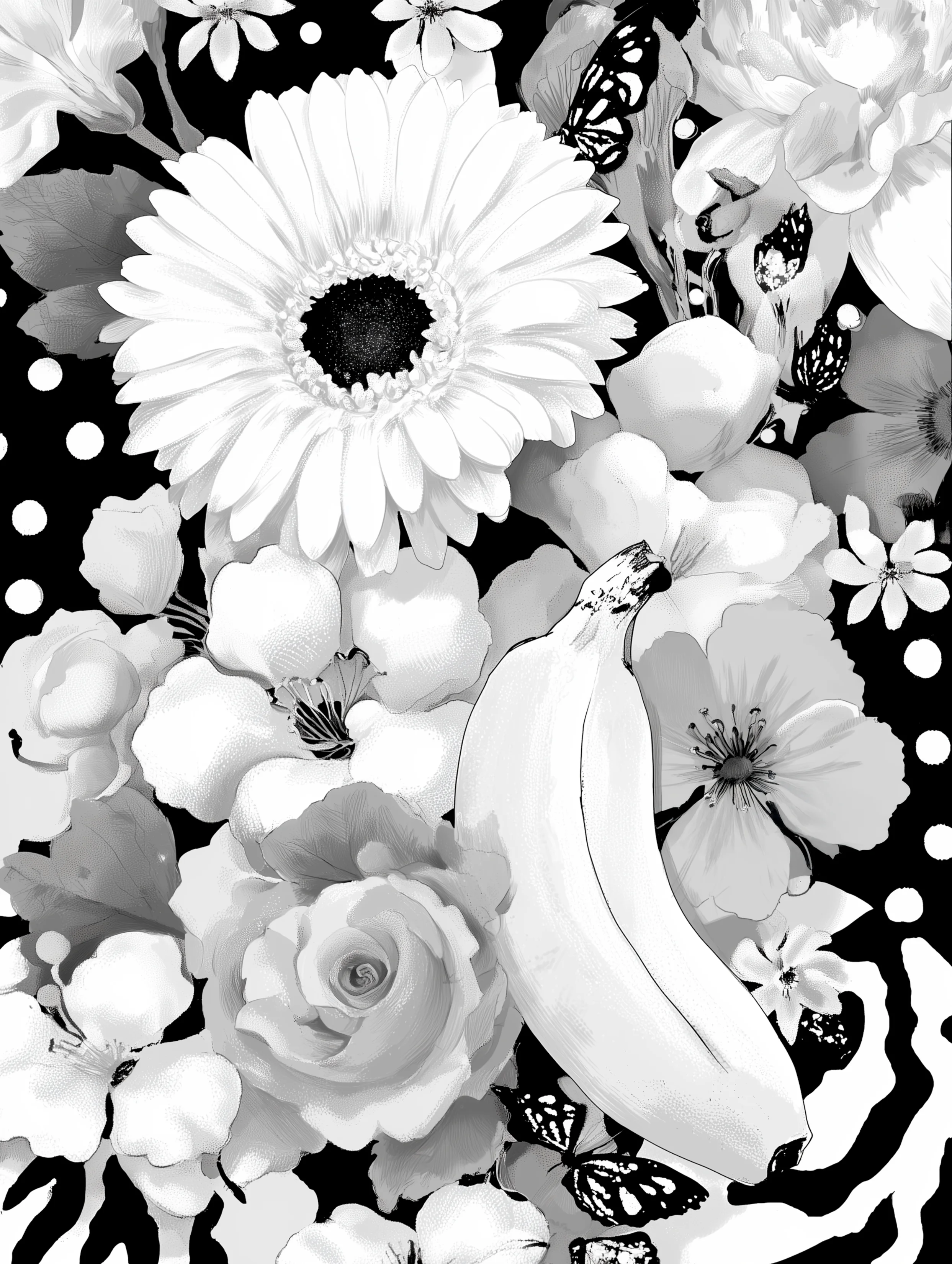 Free printable banana coloring page for adults featuring half size bannaa with sunflower